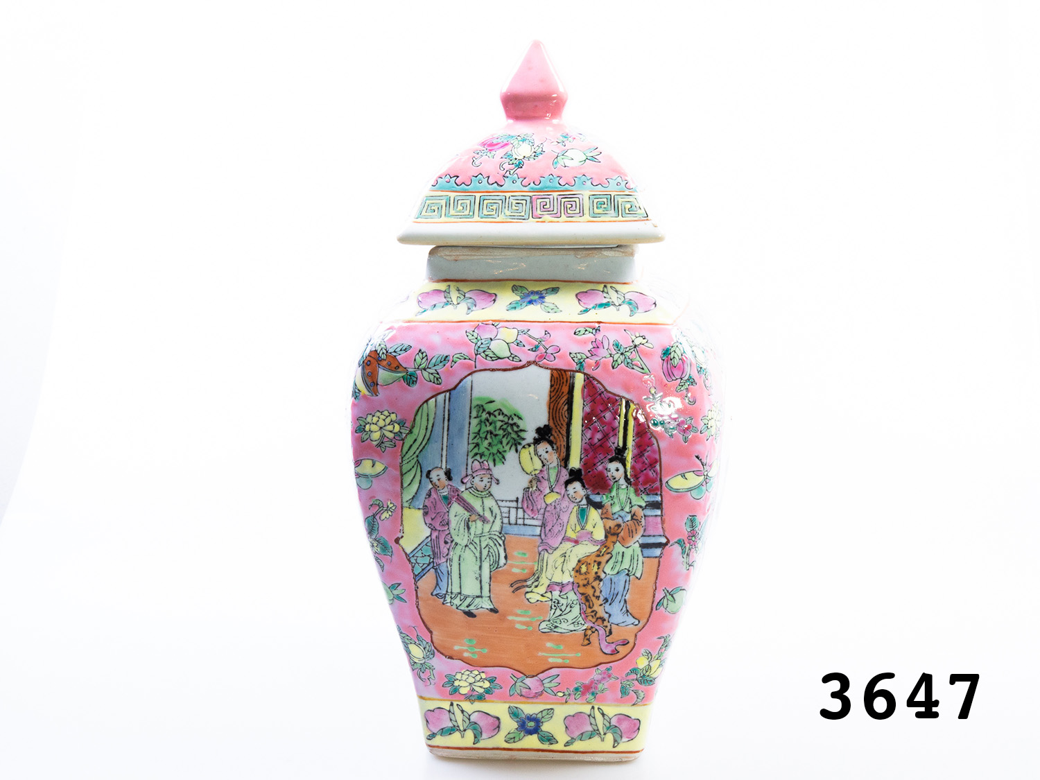 Vintage Chinese ginger jar. Unusual square based Famille Rose ginger jar with lid in mainly pink.Pictures to the sides alternating of Oriental figures or exotic birds and plants. Stamped to the base. Measures 95mm square at base and 170mm at widest point. Main photo of jar showing the side with Oriental figures