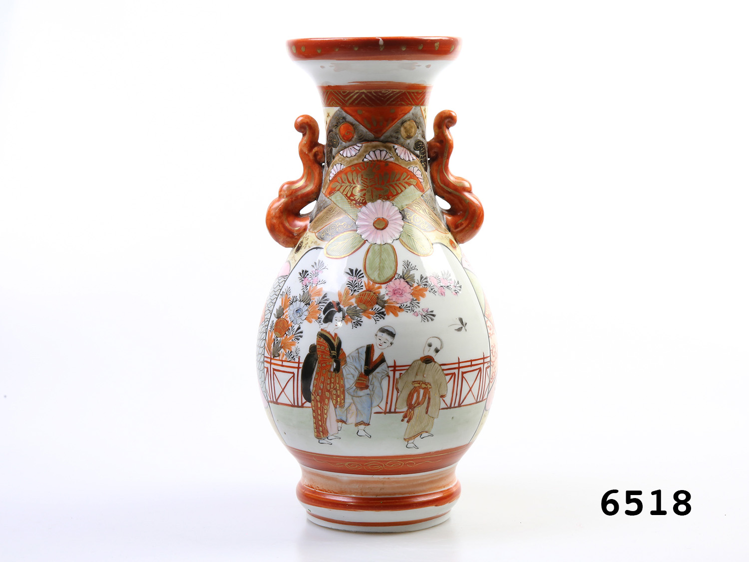 Antique Japanese Kutani vase. 2 handled Meiji period vase with Japanese figures to one side and birds on reverse side. c1868-1912 Measures 75mm in diameter at base Main photo of vase showing the side with figures in kimonos