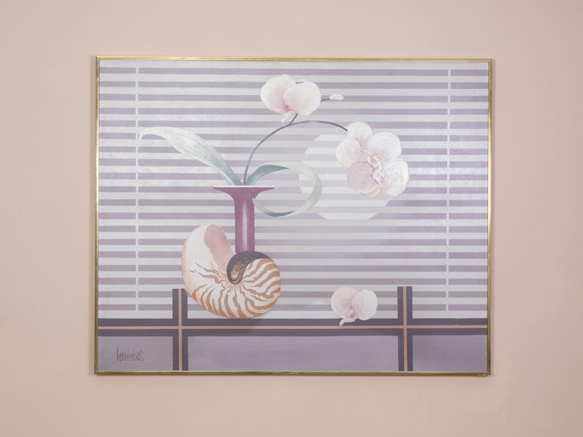 Large oil painting signed Lee Reynolds. Strikingly large painting of an orchid stem in vase with sea shell and full moon behind the blinds. Simple elegance at its finest.