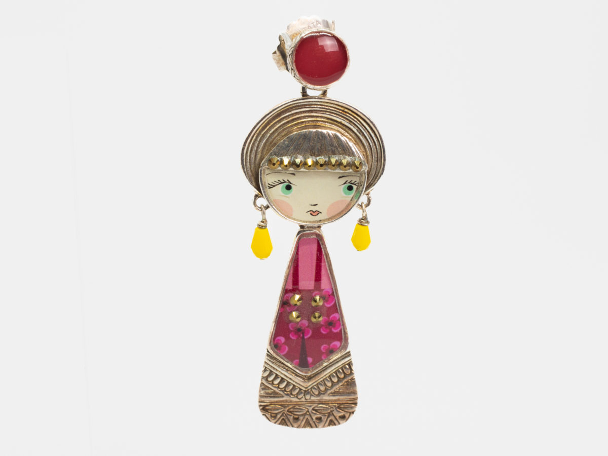 Modern "friends" earrings for pierced ears. Quirky dangle earrings of 2 friends in different coloured fashion and earrings. Fun gift idea or maybe for sharing one each with a friend. Earring drop length 65mm. Picture of one of the earring friends in pink outfit.