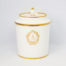 c1890 Dore a Sèvres lidded pot. Fine quality antique lidded pot in white porcelain with gilt accent. In excellent condition for its age. Stamped to base. Measures 85mm in diameter, top opening measures 95mm in diameter and lid overhangs at 102mm in diameter. Main photo of pot with lid in place and seen from an eye level angle from the front with laurel wreath around lettering shown.