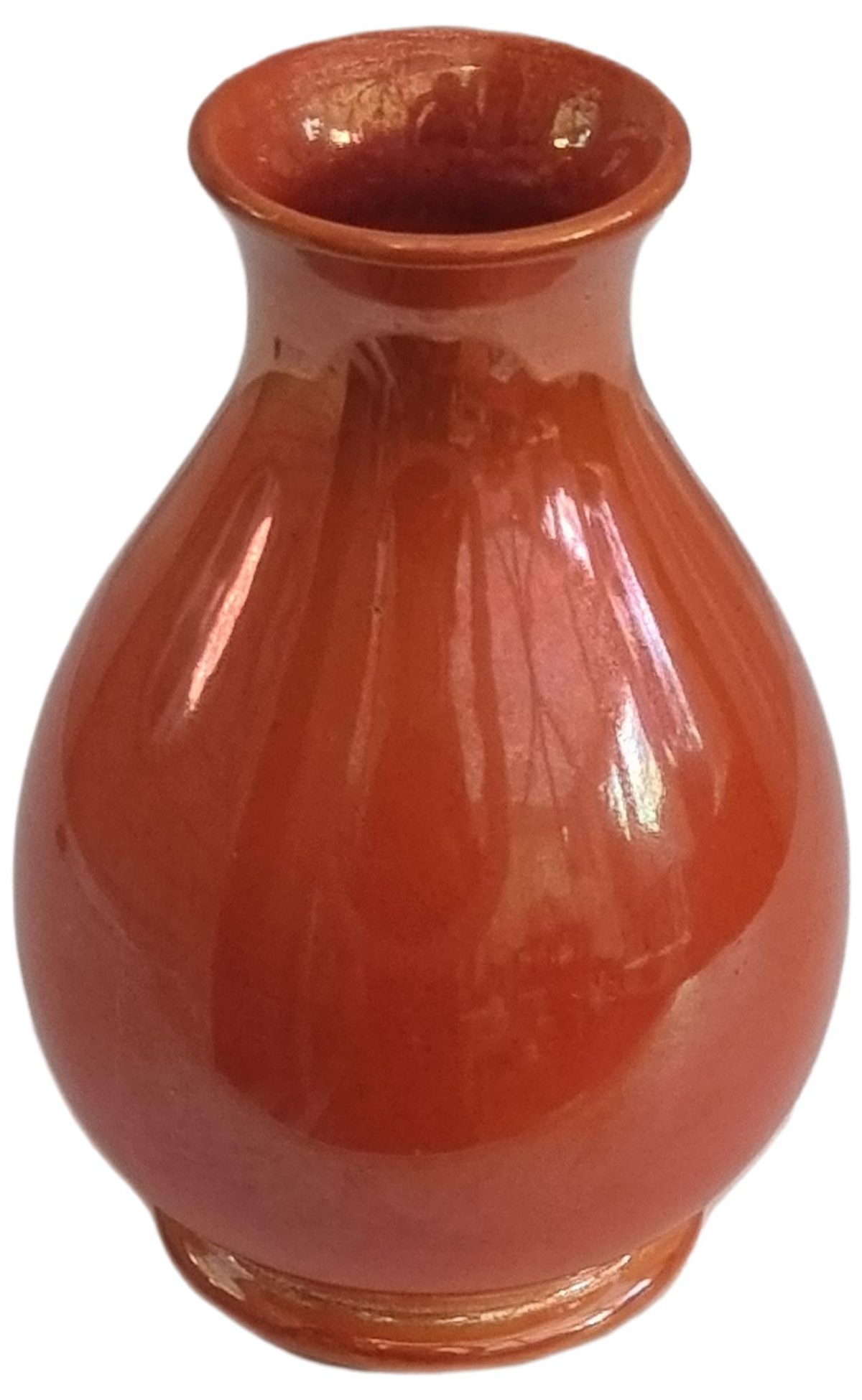 A Moorcroft lustre vase in vibrant orange circa 1907-26 the small baluster shape vase is a rare find. Main photo showing one area of vase from an eye level angle