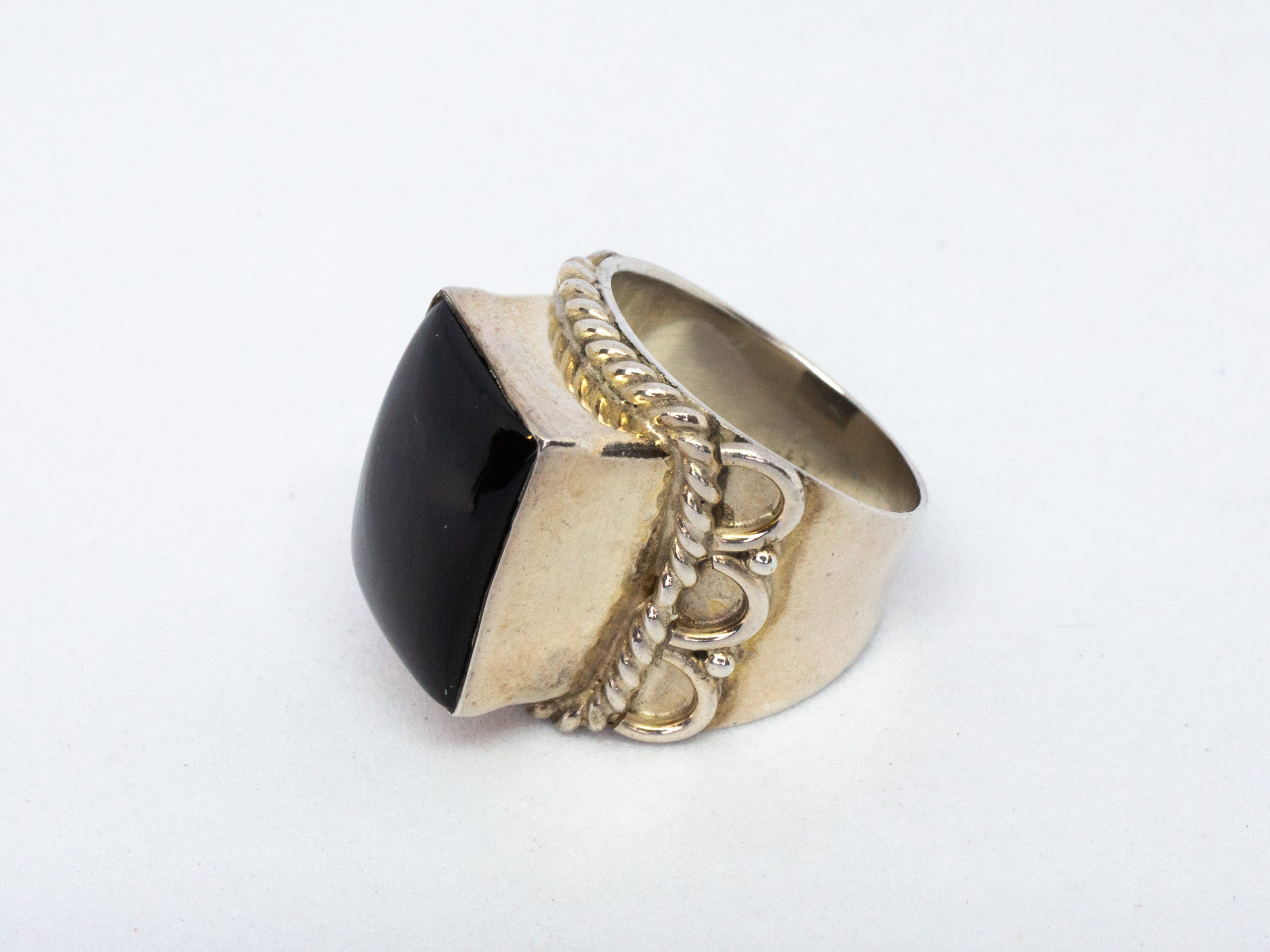 Triple Stone Black Onyx Ring in Solid Sterling Silver- Designed by FOX
