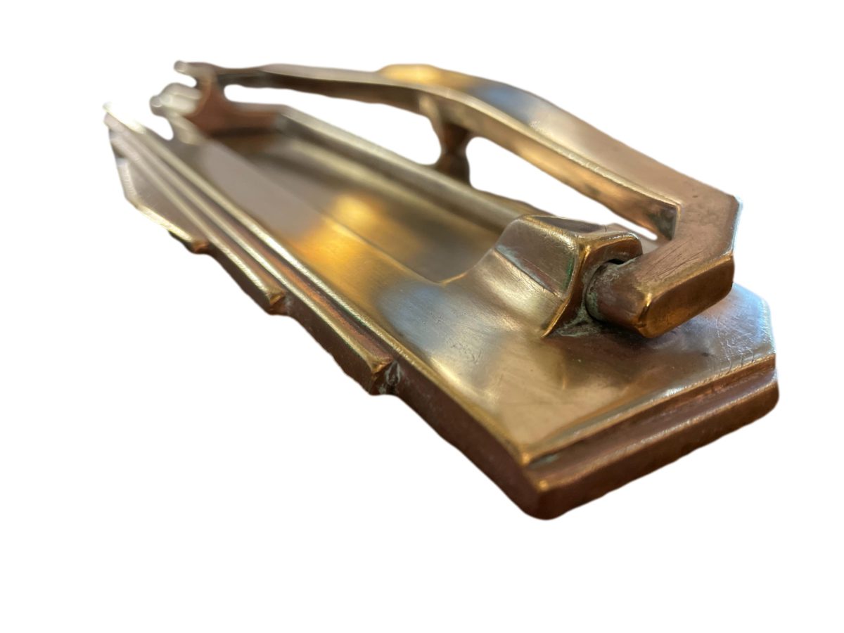 Solid brass Art Deco letter slot door furniture. RD number 800493 Photo of letter slot shown at an angle with Deco design top to the left