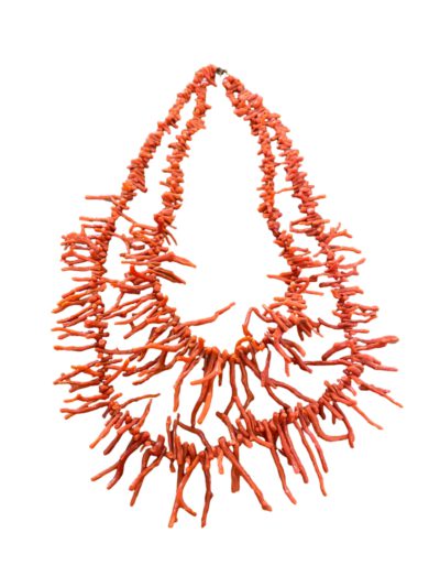 Vintage double strand branch coral necklace. Salmon red coral with longer branch coral to the front. Shorter strand measures 440mm and longer 550mm. Longer branch corals measure approx.38mm Main photo of necklace displayed on a flat surface showing the 2 strands clearly. Clasp is to the top of picture.