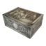 An engraved silver plate on copper French jewellery box . It dates from about 1900-1940.The lid is engraved with ‘The morning of the bridal party ( Le matin de la noce)’. There is considerable wear to the plate on the lid that allows the underlying copper to shine through also minor wear to the base. The box has its a original padded satin interior with a little wear to the silk. The box weighs 298grams. Main photo of box set at an angle showing length, width and top of box