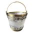 A Victorian silver gilt ice bucket with frosted glass barrel. It is hallmarked for 1885 London and made by George Fox. There is a slight loss of gilt from the inside rim and a slight indentation in the silver just above the base (please see last photo). A minor repair has been made to stick some of the silver gilt to the glass and a nut based glue has been used. We therefore recommend this item not be used for nut allergy sufferers. The barrel of the ice bucket is 90 mms high, 112mms in diameter across the top and the handle is 12mms at its widest width. Main photo of bucket in its entirety with handle raised above.