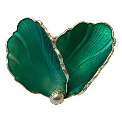 Hans Myhre sterling silver & emerald green enamel double leaf brooch. Fully hallmarked to the back. Made in Norway. Main photo of brooch front seen with silver ball at tip of the 2 leaves to the centre bottom of the picture and the 2 leaves fanning out to the left and right.