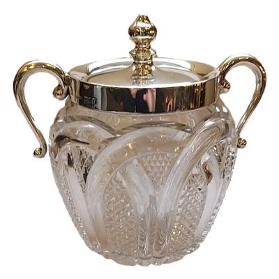 Silver Collar + Silver Lid, Twin Handled, Hallmarked : London 1901   Silversmith : John Grinsell & Sons COLLECT FROM STORE ONLY. Main photo of biscuit barrel with lid in place and seen from an eye level angle.