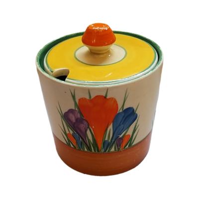 In the Autumn Crocus Pattern, Early 1930's, No Chips - Cracks - Hairline Cracks or Restoration, Some paint rubbing to lid finial. Stamped to base as in photo. Measures 79mm in diameter. Main photo of pot with lid in place and orange crocus side on show.