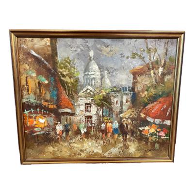 Canvas oil painting of Sacre Coeur Paris by impressionist W Kirby, a well known artist who painted lots of Paris street scenes. Beautiful colours. COLLECT FROM SHOP ONLY. Main photo showing entire oil painting in frame.