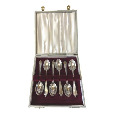 The English silver cased spoons have a hallmark of Sheffield 1965. The 6 silver spoons are sitting in a red velvet lined case and are all in excellent condition. Engraved with the letter P to tip of each spoon handle. Main photo of spoons displayed top to tail inside the case.