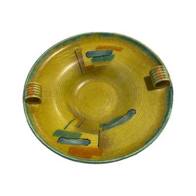 1930s Art Deco Beswick ware dish. Avant-garde dish in warm earthy colours and unusual tubular ring handles. Measures 100mm in diameter at base, 300mm in diameter across the top, 60mm high to top rim and 75mm high at handles. COLLECT FROM STORE ONLY. Main photo of dish looking straight down from above with the tubular handles to the left and right.