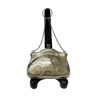 Sterling silver finger purse or handbag assayed in Birmingham and made by F. D. Long c1916. This bag has seen a lot of usage with several dinks throughout and would have had a lining inside which is now missing. Full hallmark with makers initials on one side and lion passant & date letter hallmark to other side. There is also a lion passant on the ring. Drop length from ring is 195mm. Main photo showinng bag displayed ona stand with the chain handle and ring extended above.