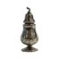Antique sterling silver pepper pot. Elaborately decorated silver pepper pot made by Charles Fox and assayed in London c1838. Pull off top with full hallmark on the inside rim. Measures 40mm in diameter at base. Main photo of pot with lid in place and seen from an eye level angle.