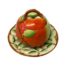 An almost antique Carlton Ware apple shaped preserve pot. Colourful hand-painted preserve pot in the form of an apple nestled on top of a bed of foliage. There are signs of crazing and staining expected with item age. The attached saucer measures 140mm in diameter. The whole ensemble is 95mm in height with lid in place. Main photo of preserve pot seen from a raised eye level angle with red side of apple with leaf in the foreground.