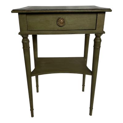Early 20th century bedside table. Khaki green painted antique bedside with a single drawer and open shelf below. Top measures 440mm by 315mm, legs at base measures 380mm by 255mm.  COLLECT FROM STORE ONLY. Main photo of bedside shown from the front and from an eye level angle.