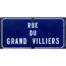 Genuine French vitreous enamel on sheet steel street sign, displayed on the road in question and removed due to replacement. The white enamel is in relief. This sign for Rue du Grand Villers was made in the 1960s and 80s. COLLECT FROM STORE ONLY. Only photo of the sign shown looking straight on from the front. Words are laid out with RUE at top centre DU below RUE and GRAND VILLIERS taking up the whole bottom row.