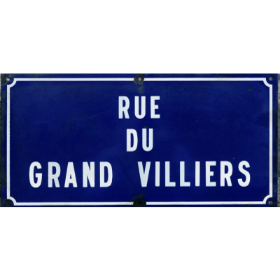 Genuine French vitreous enamel on sheet steel street sign, displayed on the road in question and removed due to replacement. The white enamel is in relief. This sign for Rue du Grand Villers was made in the 1960s and 80s. COLLECT FROM STORE ONLY. Only photo of the sign shown looking straight on from the front. Words are laid out with RUE at top centre DU below RUE and GRAND VILLIERS taking up the whole bottom row.