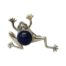 Vintage sterling silver brooch in the form of a frog in mid movement. The frog has light blue crystal glass eyes and its back is set with a round lapis lazuli cabochon. Hallmarked 925 for sterling silver. Main photo looking down at frog brooch from above. The head is to the centre left, front legs either side of head slightly forward, left leg bent to the left and right leg stretched out to the right.
