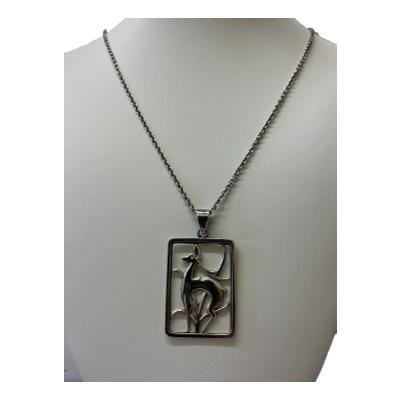 Vintage deer pendant and chain in Danish silver. Very elegantly designed pendant of a deer against foliage. Hallmarked to the back for 830 silver and signed E&M (Eiler & Marloe). The chain is hallmarked for 835 silver. Pendant drop length 50mm and width 30mm. Main photo of necklace on a display stand and seen straight on forward facing.