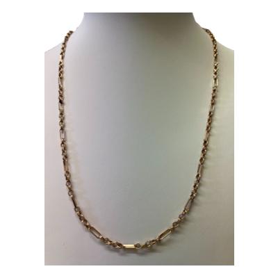 9 karat gold necklace. Modern gold necklace in a Figaro style chain link. Main photo of the necklace on a display stand and shown forward facing.