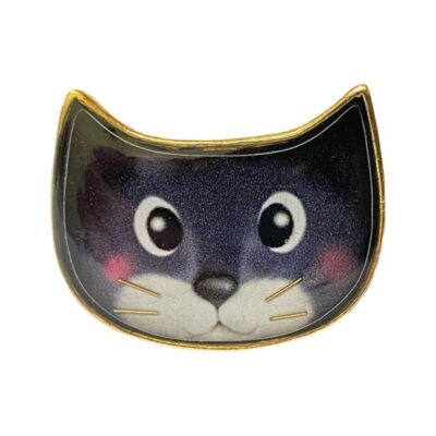 Modern vintage cat ring by Taratata. Fun cat ring made from upcycled gilt metal with enamel and additional recycled extras in this instance, the cats whiskers! Size P ~ P.5 / 8 with slight room for movement. Ring front measures 28mm by 20mm at ears. Main photo looking at cat face ring front straight on. The cat has a cute expression of surprise on its face.