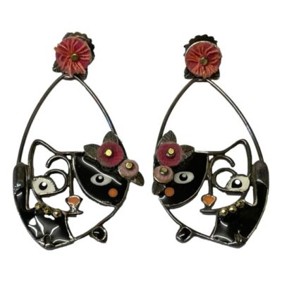 Modern vintage Taratata Cat Earrings. Fun pair of cat earrings by upcycling legends Taratata using metal forged into a cat shape and applied with enamel and embellished with other upcycled materials. In this instance the felt flowers applied with metal centres and small gilt metal balls for cats collar. Wonderful unique works of upcycled art! Drop length 57mm and width at widest 30mm. Main photo of both earrings shown side by side, Their composition gives them a look of a Mondrian like painting.