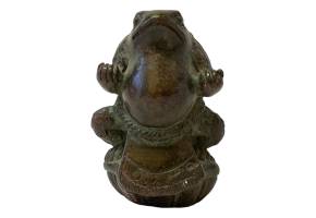 Antique small bronze figure of a frog in sumo pose. Fabulously detailed small bronze of a frog clad in sumo 'Tsuna' (rope) garment and seen in a typical sumo pose. Has a slight wobble when standing so not quite a Yokozuna. Main photo of the frog seen from the front and at an eye level angle.