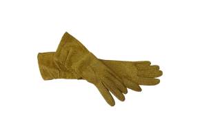 Vintage pair of gold nylon gloves. Lovely pair of long sparkly gold gloves made by Cornelia James. Tight fitting on the hand & fingers. Fabulous matched up with a gold evening bag. Length to tip of middle finger 395mm. Main photo showing both gloves displayed one across the other. Finger ends to the right and gathered area near the opening shown.