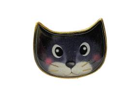 Modern vintage cat ring by Taratata. Fun cat ring made from upcycled gilt metal with enamel and additional recycled extras in this instance, the cats whiskers! Size P ~ P.5 / 8 with slight room for movement. Ring front measures 28mm by 20mm at ears. Main photo of ring seen looking straight at cats face. The cat has a cartoon look and has a look of surprise on its face.