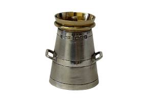 Antique sterling silver pepperette in the form of a milk churn. Chester assayed and made by Cornelius Desormeaux Saunders & James Francis Hollings c1911. Full hallmark to side of churn and short hallmark to inside rim of gilt silver top. Measures 24mm in diameter at base, 26mm across the churn handles and 18mm at the top. Main photo of churn shown from an eye level with top in place, handles to the left and right and hallmark visible.