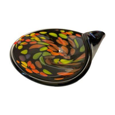 Multi-coloured glass dish by Murano. Colourful piece of art glass by Murano from the White Cristal series. Swabs of green orange yellow and brown against a black background with a curl inward on one side. Wonderful piece of handmade Murano glass art. Base measures 60mm by 65mm, top approximately 210mm by 230mm. Height 45mm tall at lowest, 90mm at tallest. Main photo of bowl seen with the curled up edge to the right and vibrant coloured swabs on the left.